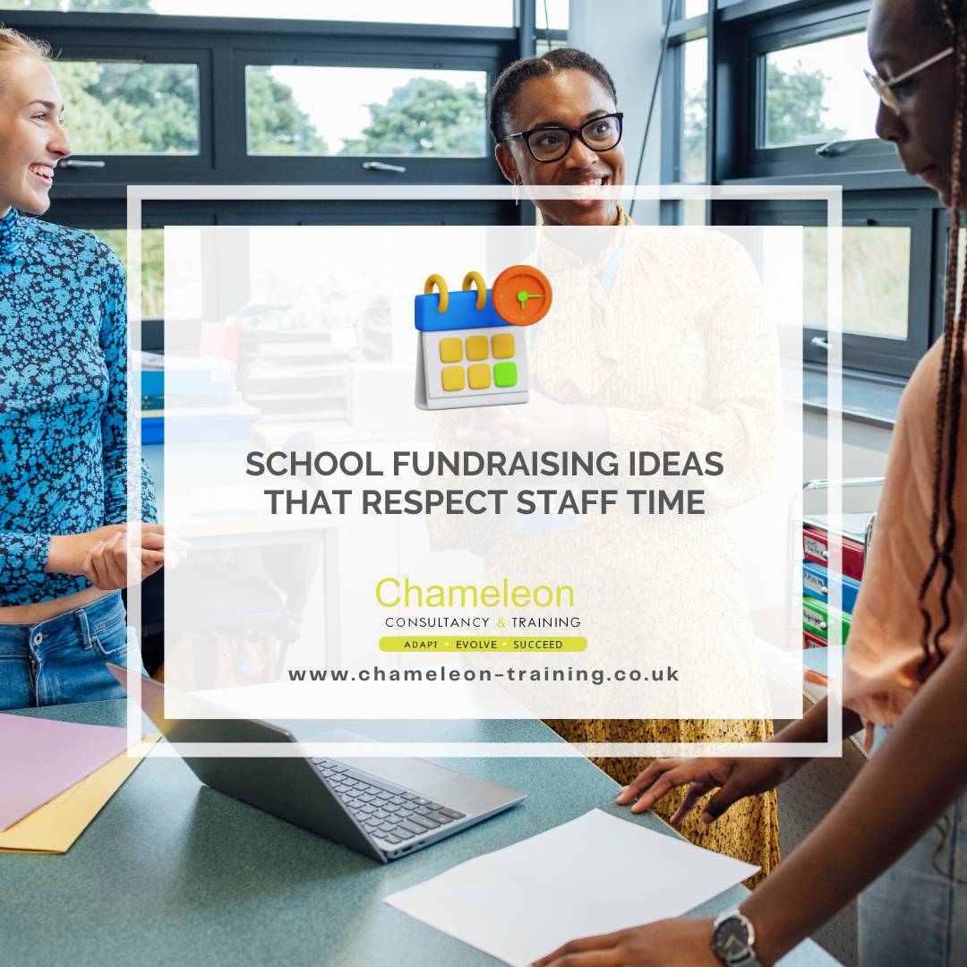 Teachers discussing a fundraising project in a school classroom